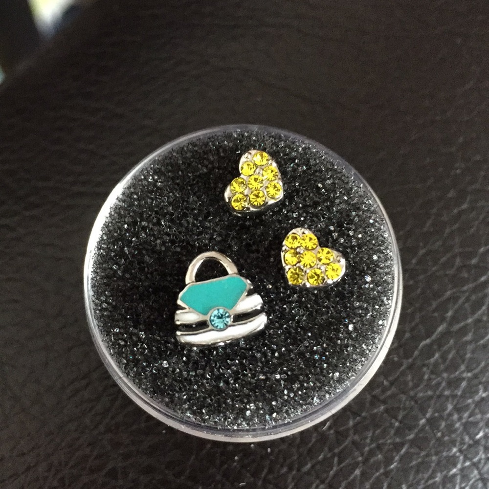 Origami Owl Floating Charms 3pc Yellow Pave Crystal Hearts Teal Purse New
